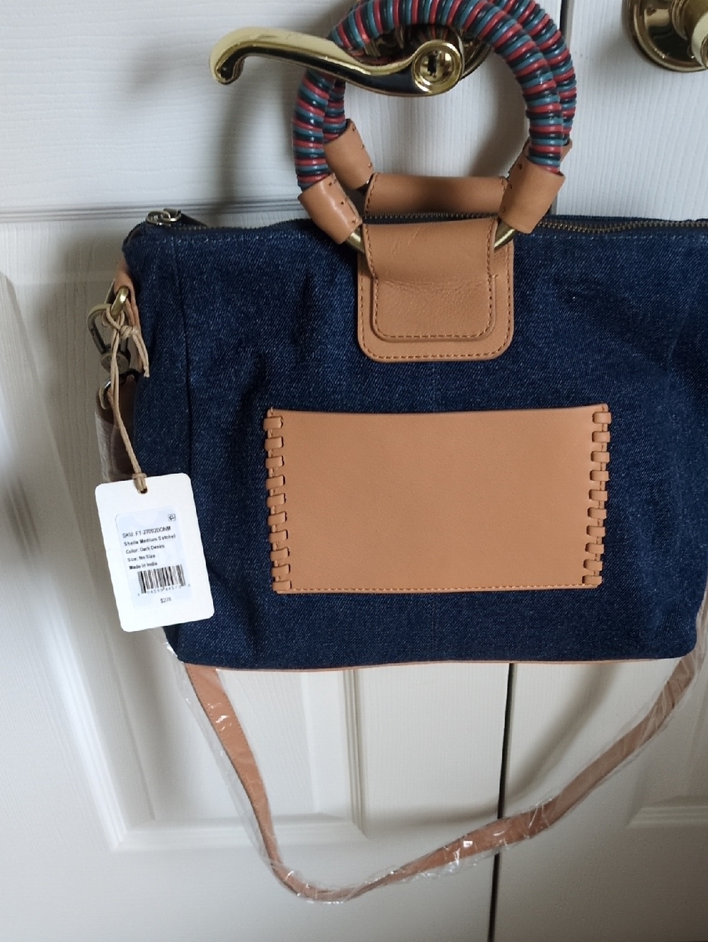 NWT HOBO Medium Sheila Satchel/Crossbody Bag Denim with Tan Leather Accents